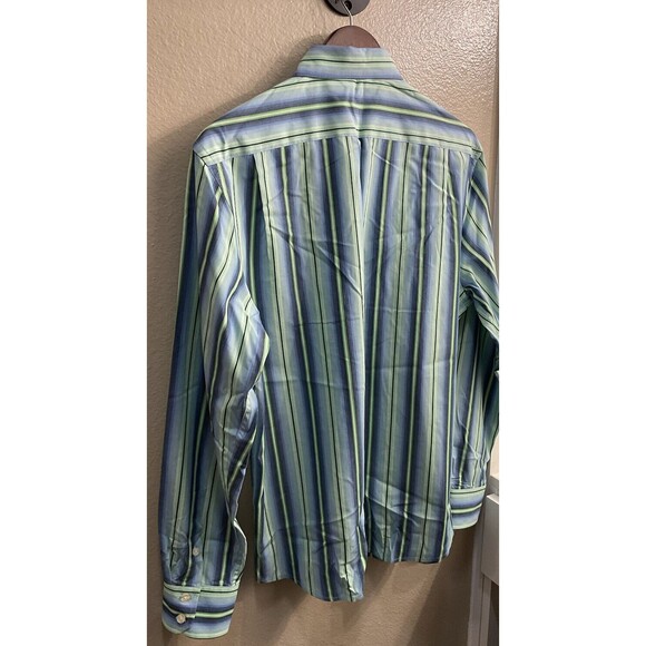 Gap Fitted Premium Mens M 15-15 1/2 Blue Green Striped Long Sleeve Button Up U - Picture 7 of 7